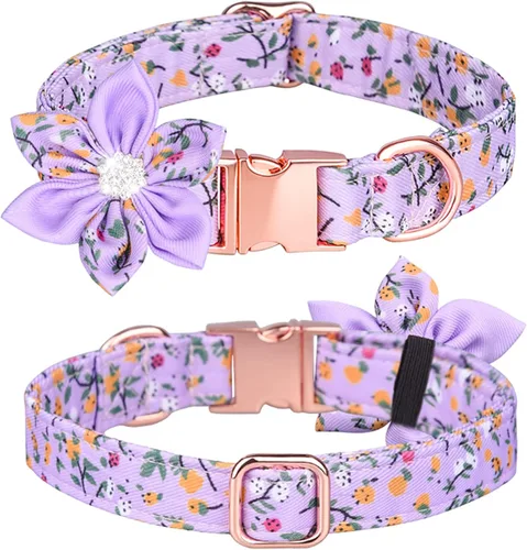 Vista 6 de Collar de cachorro con patrón floral, bonito collar de perro con flor de diamantes de imitación desmontable para perras (S, azul)
