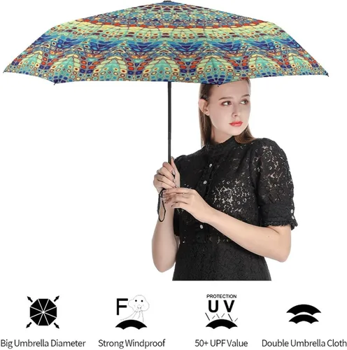 Vista 4 de Vhcawsu Elegante paraguas de mandala, estilo retro, étnico, resistente al viento, paraguas de viaje automático, compacto, plegable, para sol