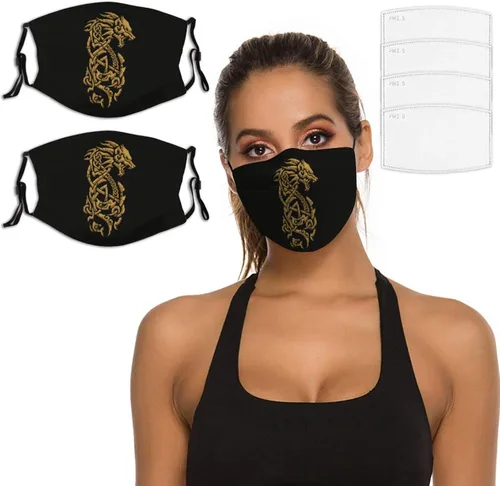 Vista 2 de B&MAVIS Juego de 2 máscaras faciales más 4 filtros de aire reemplazables símbolo vikingo Fenrir Wolf Nórdico Mitología Lavable Reutilizable