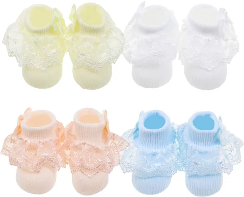Vista 3 de DRESHOW Calcetines de bebé para niñas con ojales y volantes de encaje, calcetines de vestir para recién nacidosbebésniños pequeñosniños para niña
