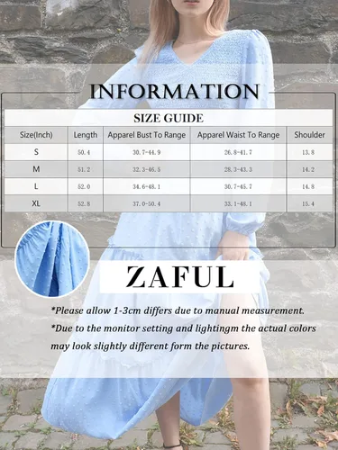 Vista 6 de ZAFUL Vestido largo con cuello en V para mujer, con bolsillos, cintura alta fruncida, cintura alta, casual, escalonado, acampanado