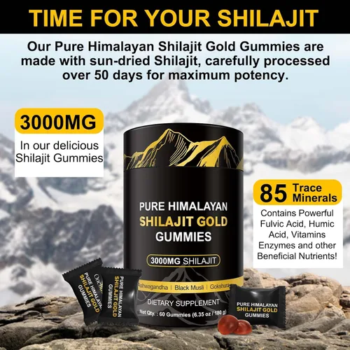 Vista 5 de Gomitas Shilajit, 3000 mg de oro Shilajit del Himalaya con Ashwagandha, musli negro, gokshura para hombres y mujeres, sin OMG y gelatina, 60