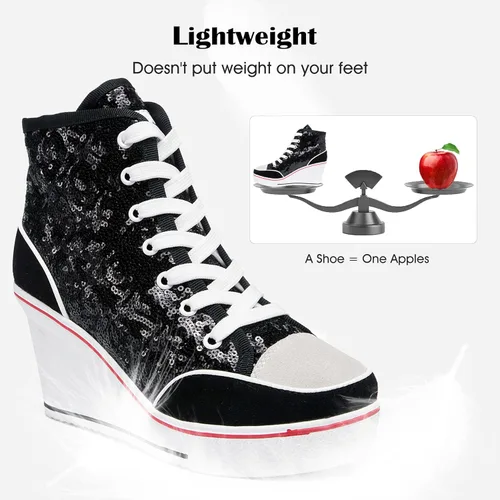 Vista 5 de Zapatos de lona de tacón alto para mujer, zapatos casuales de moda, tenis brillantes para caminar, plataforma, cuñas, zapatos de tacón