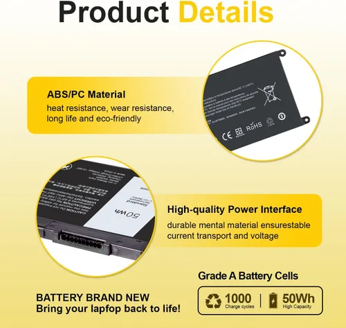 Vista 3 de 50WH WDX0R - Batería de repuesto para laptop Dell Inspiron 13/15/17 5000/7000 5368 5378 7378 5568 5578 5580 57670, Latitude 3180-3590, Vostro 5568