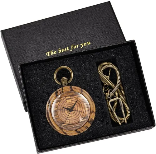 Vista 6 de Tiong Relojes de bolsillo de madera para hombre, hecho a mano, de madera de bambú, analógico, de cuarzo, con cadena, regalo para el día del padre