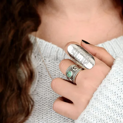 Vista 3 de Boho-Magic Anillo de plata de ley para mujer, joyería larga grabada con dedo completo, Sin gemas.