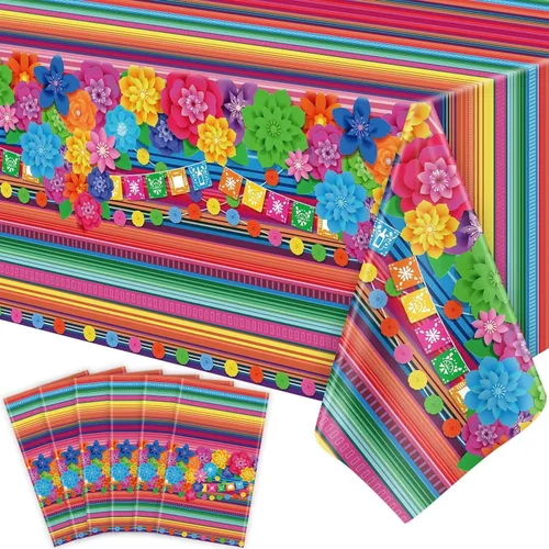Vista 10 de Mantel de plástico para fiesta mexicana, 4 unidades, diseño de flores de papel a rayas mexicanas, decoración rectangular para fiesta de taco
