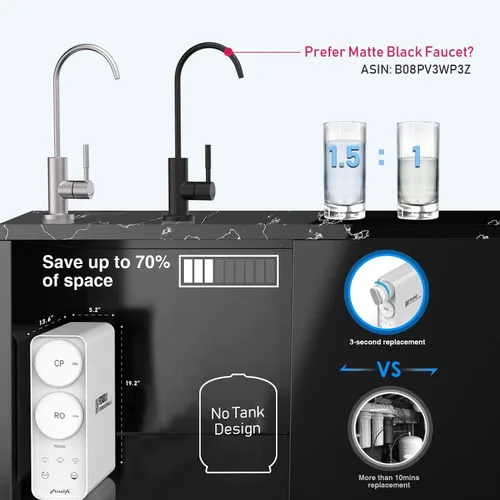 Vista 4 de Sistema de ósmosis inversa Frizzlife - Sistema de filtración de agua potable sin tanque de 400 GPD, filtro de ósmosis inversa de giro rápido bajo