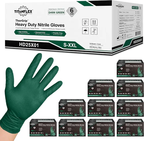 Vista 12 de TitanFlex Heavy Duty Industrial Nitrile Gloves with Raised Diamond Texture, 6-mil, Latex Free (Dark Green/Yellow)