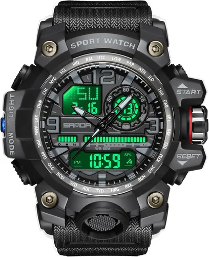 Vista 8 de WISHFAN Reloj militar para hombre, de doble pantalla, impermeable, deportivo, digital, muñeca grande, con alarma