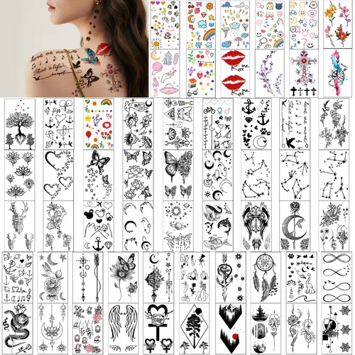 Vista 8 de Yazhiji - Tatuajes temporales impermeables – 60 hojas, pequeña colección de tatuajes falsos, flores, coronas, estrellas, animales, mariposas