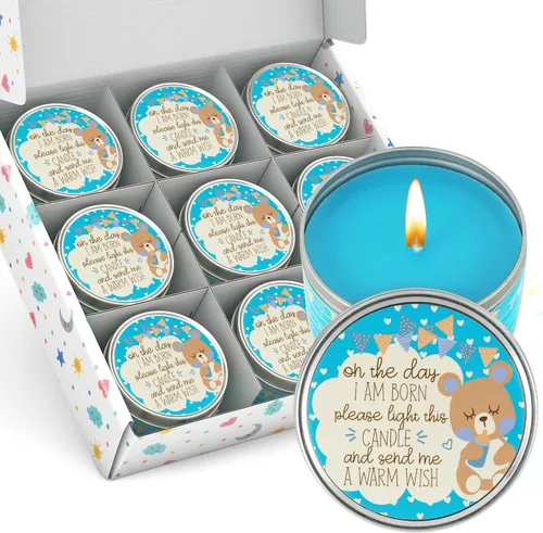 Vista 11 de Majestic Zen Juego de regalo de velas para baby shower, paquete de 9 velas de cera de soja perfumadas neutrales, aroma a polvo fresco para bebé, 30