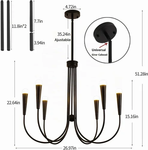 Vista 4 de Lámpara de araña de granja, 6 luces industriales, rústicas, para comedor, lámpara colgante ajustable para cocina, isla, sala de estar, vestíbulo