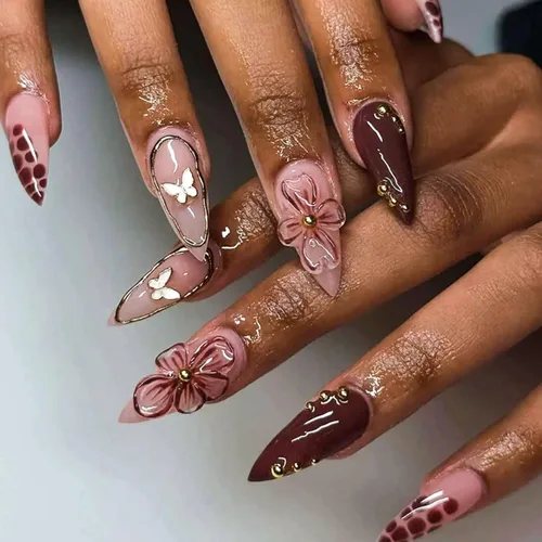 Vista 12 de Uñas largas a presión con estampado de leopardo de aguja rosa y blanco, punta francesa, uñas postizas a presión con diseño de bolas de acero