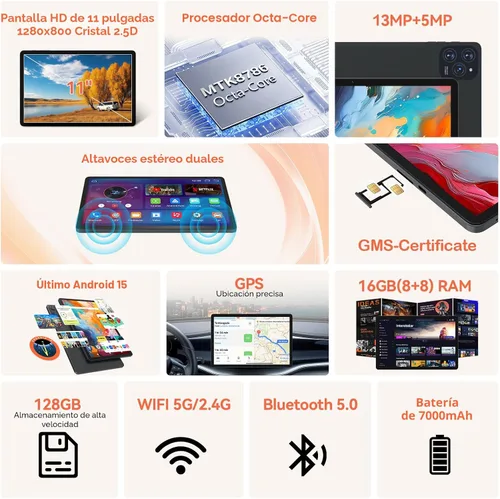 Vista 2 de Tableta Android 15 de 11 pulgadas con procesador Octa Core 16 GB RAM 128 GB ROM 1TB Expandir tableta con batería de 7000 mAh, cámara de 21 MP