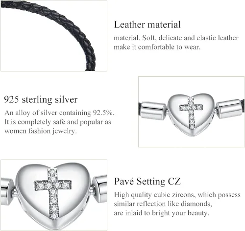 Vista 6 de Pulsera tejida de cuero negro auténtico con plata de ley 925 con cierre de cruz de corazón para cuentas Pandora