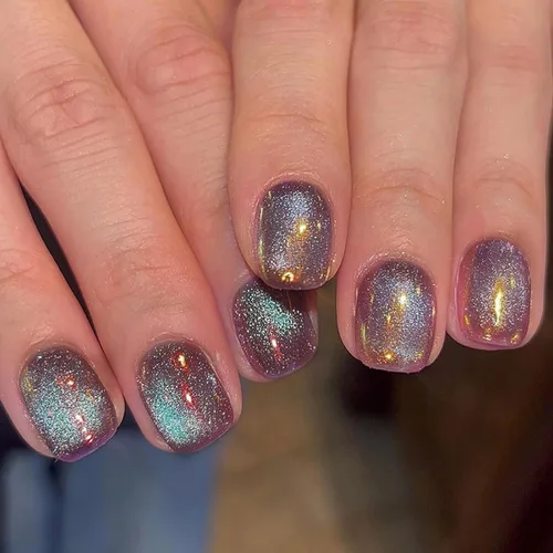 Vista 14 de MISUD Uñas Postizas Cortas Cuadradas - Uñas con Pegamento de Verano Colorido, Diseño de Arcoíris de Cocodrilo Acrílicas 24 piezas
