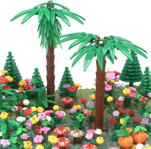 Vista 4 de Plantas de jardín Edificio Ladrillo Conjunto Flores Árboles Hojas de palma