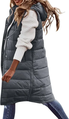 Vista 16 de Chaleco largo para mujer, sin mangas, acolchado, con cremallera, capucha, abrigo de invierno cálido, ligero, con bolsillos