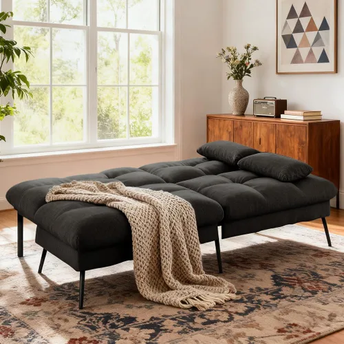 Vista 4 de COMHOMA Sofá cama tipo futón convertible, sofá futón de tela de 72 pulgadas con respaldo ajustable, reclinable plegable para muebles de sala de Negro