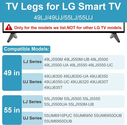 Vista 3 de Patas de TV para soporte de TV LG base de repuesto, para 49 55 pulgadas LJ UJ Series LG TV patas 49UJ6300 49LJ550M 49UJ6320 49UJ630T 49UJ635T