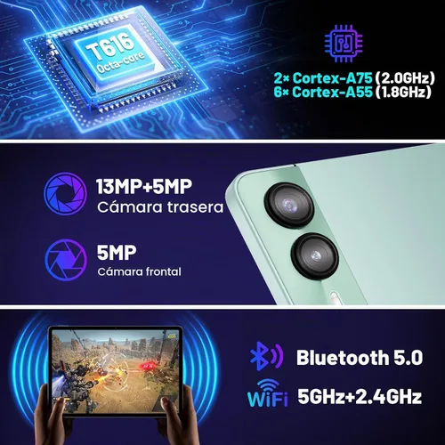 Vista 5 de Tablet Android 14 de 11 pulgadas, 18 GB de RAM 128 GB ROM 1 TB Expand, CPU Octa-Core 2.0GHz, WiFi 5G, pantalla 2K, cámara de 13MP+5MP+5MP, batería