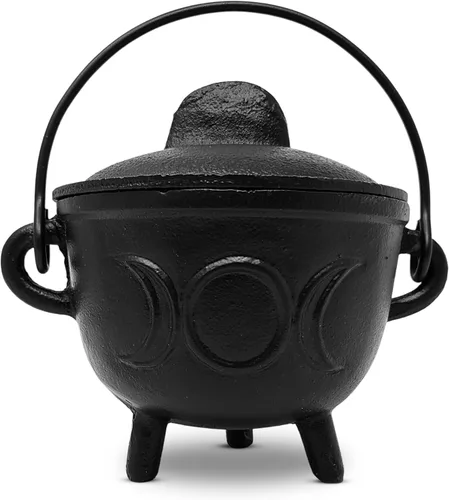 Vista 4 de New Age Imports, Inc. Caldero de hierro fundido con asa y tapa, ideal para manchas, quemar incienso, fines rituales, decoración, decoración