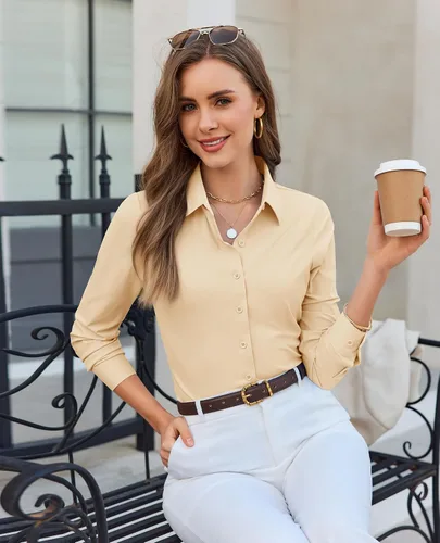 Vista 6 de Camisa con botones para mujer, ajustada, elástica, sin arrugas, para mujer, de manga larga, con cuello, blusa de trabajo para uso casual
