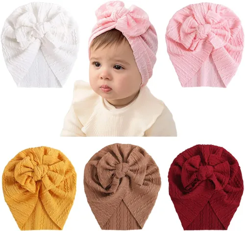 Vista 10 de Newborn Babies Headwrap Hat Infant Toddler Cotton Soft Cute Nursery Beanie Headbands Top Bowknot Cap Multicolor 5 piezas flor/9.8 ft-2 años