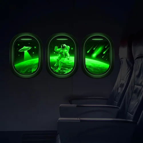 Vista 12 de Calcomanías de pared 3D que brillan en la oscuridad con temática espacial, juego de 3 calcomanías para ventana con temática de galaxia