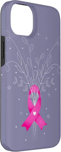 Vista 3 de iPhone 14 Plus Rosa Concientización del Cáncer de Mama Cinta Flores Estuche Púrpura