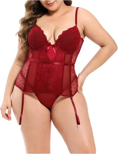 Vista 7 de RHWHOGLL Lencería de talla grande para mujer para sexo travieso de malla de encaje babydoll body con cuello en V transparente de peluche moldeador 9