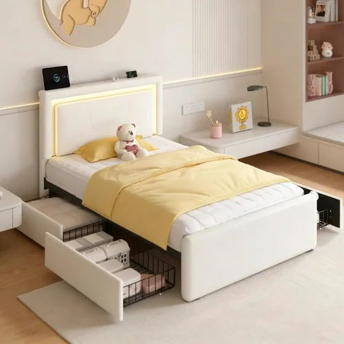 Vista 10 de Base de cama tamaño individual con 4 cajones de almacenamiento, luz LED, tapizado negro Platform Bed, Charging Station, Adjustable Headboard, PU