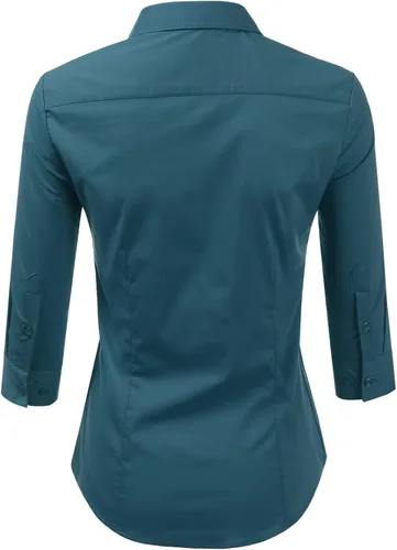Vista 3 de Doublju - Camiseta básica de manga 34 con cuello de botón para mujer