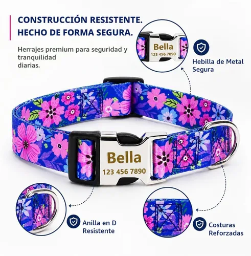Vista 3 de Collares de perro personalizados con placa de identificación grabada con número de teléfono, collares ajustables coloridos para perros macho