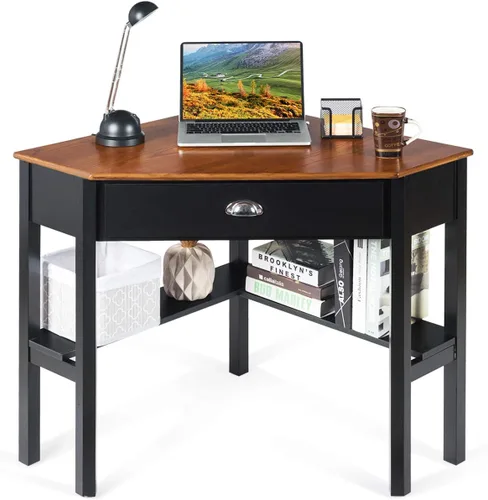 Vista 9 de Tangkula Escritorio esquinero, escritorio de esquina para computadora con cajón para espacio pequeño, escritorio de tocador de maquillaje de esquina