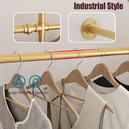 Vista 10 de Perchero de ropa de tubería dorado montado en la pared, percheros industriales con 6 varillas para colgar, estantes de ropa resistentes