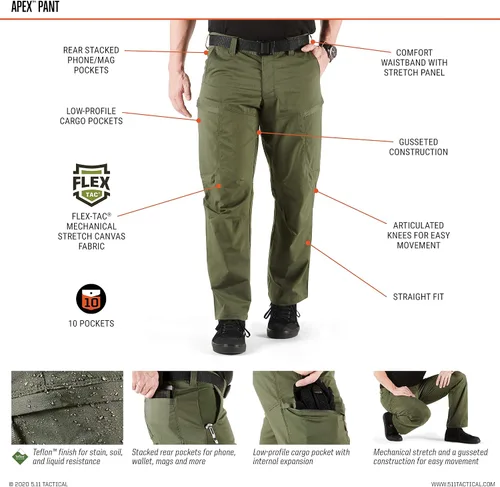 Vista 6 de 5.11 Tactical Men's Apex Cargo Work Pants, Flex-Tac Stretch Fabric, Gusseted, Water and Stain Resistant Pants for Men