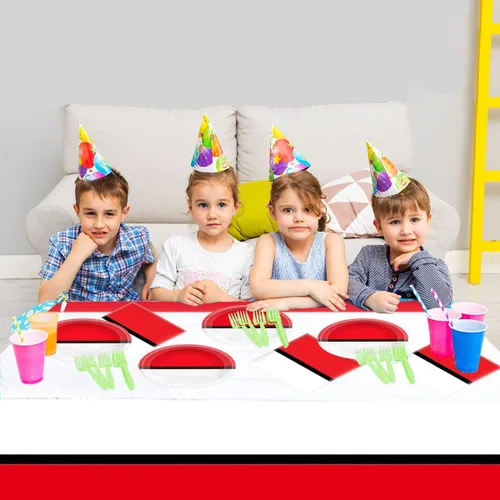 Vista 3 de Los suministros de fiesta de cumpleaños de animación de dibujos animados incluyen 20 platos y 20 servilletas y mantel de 71 x 42 pulgadas, vajilla