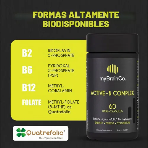 Vista 2 de myBrainCo. Complejo Active-B – Suplemento de vitamina B activada de alta resistencia con folato B2, B6, B12 y metilo – Apoya la energía, la función