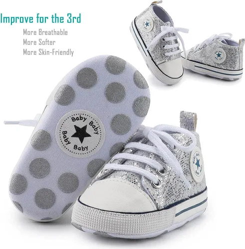 Vista 2 de Zapatos de lona para bebés recién nacidos, suela suave, para los primeros pasos, zapatos planos para niños pequeños, zapatos de mezclilla unisex