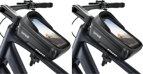 Vista 9 de Lamicall Paquete de 2 bolsas impermeables para marco de bicicleta, [versión 1s] [2 en 1], bolsa de teléfono para bicicleta, soporte para teléfono