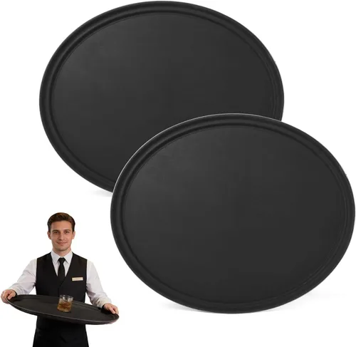 Vista 7 de CURTA Paquete de 2 bandejas antideslizantes de grado restaurante, NSF, ovalada de 19 x 23 pulgadas, bandeja de servir de plástico con forro de goma