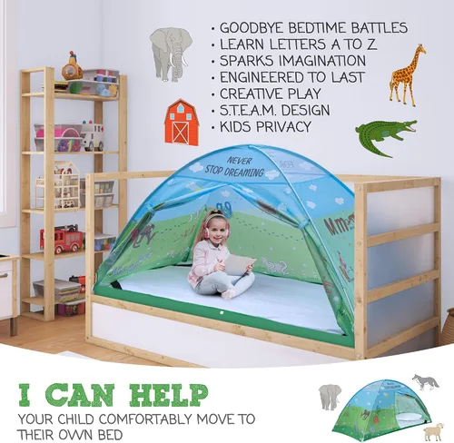 Vista 4 de Tienda de campaña de cama individual con diseño de animales para niños - Tiendas de ensueño mágicas para niños, toldo emergente para cama de niña