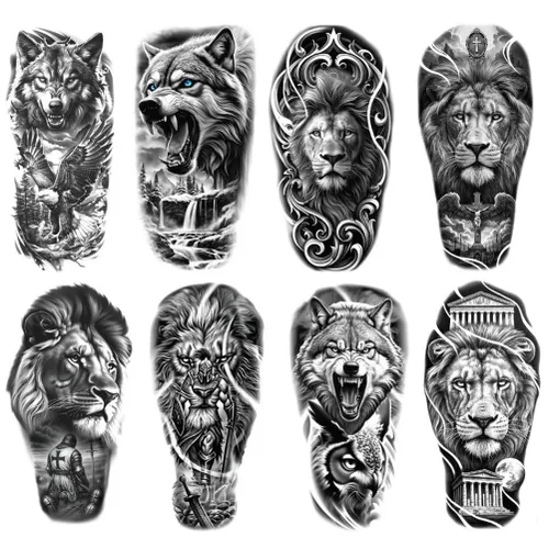 Vista 13 de 8 hojas de calcomanías temporales para tatuajes temporales de pierna de brazo de león del bosque, Jesús, cráneo, cráneo, rosa, corona de rosas