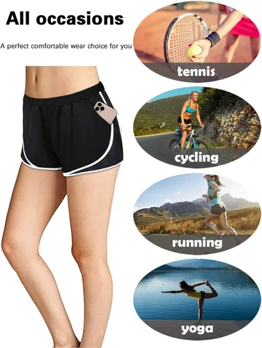 Vista 4 de Fulbelle - Pantalones cortos deportivos de doble capa para mujer, elásticos, con bolsillos