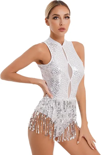 Vista 3 de winying Leotardo de baile de jazz latino con borlas de lentejuelas brillantes para mujer