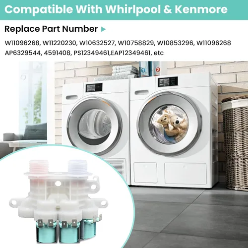 Vista 3 de W11096268 W11220230 Válvula de entrada de agua compatible con lavadora whirl-pool ken-more Reemplaza W10632527 W10758829 W10853296 W11096268 etc