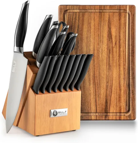 Vista 2 de Juego de cuchillos de cocina de madera para cocina con bloque de cuchillos de acero inoxidable, 16 piezas y tabla de cortar con ranura, cuchillos