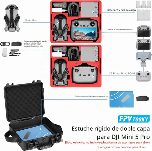 Vista 2 de FPVtosky Funda rígida de doble capa para DJI Mini 5 Pro [solo funda], funda de transporte impermeable para Mavic Mini 5 Pro/Fly More Combo/Plus